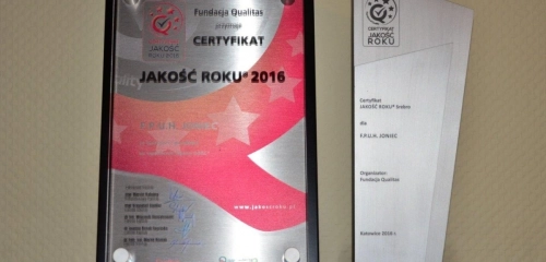 THE QUALITY OF THE YEAR® Certificate for JONIEC® Company